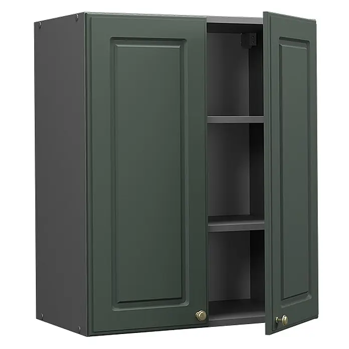 Vicco Schrankküche Fame-Line Grün-Gold Landhaus - Grün-Gold Landhaus, Hängeschrank 60 cm - Dunkelgrüner zweitüriger Küchenoberschrank mit Goldknöpfen, zwei Innenregalen und leicht geöffneter Tür.