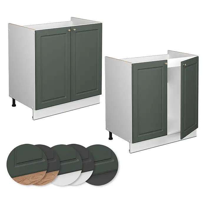 Vicco Schrankküche Fame-Line Grün-Gold Landhaus ohne Arbeitsplatte - Grün-Gold Landhaus, Spülenunterschrank 80 cm - Zwei dunkelgrüne Küchenunterschränke mit hellgrauen Rahmen und weißer Sockelleiste, einer offen.