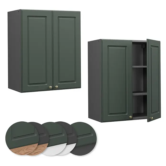 Vicco Schrankküche Fame-Line Grün-Gold Landhaus - Grün-Gold Landhaus, Hängeschrank 60 cm - Dunkelgrüner Küchenoberschrank mit zwei Kassettentüren und Messingknöpfen; einer offen, Regale sichtbar. Farbmuster dabei.