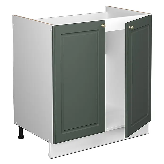 Vicco Schrankküche Fame-Line Grün-Gold Landhaus ohne Arbeitsplatte - Grün-Gold Landhaus, Spülenunterschrank 80 cm - Dunkelgrüner Küchenunterschrank mit Kassettenfront, grauem Korpus, Messinggriffen und weißer Sockelblende. Eine Tür ist offen.