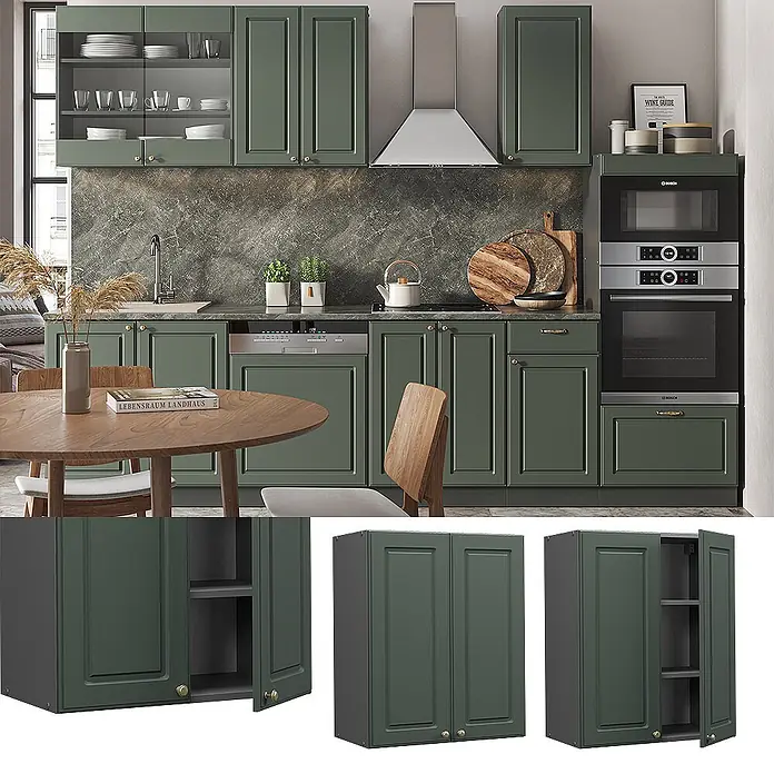 Vicco Schrankküche Fame-Line Grün-Gold Landhaus - Grün-Gold Landhaus, Hängeschrank 60 cm - Dunkelgrüne Küchenschränke mit Paneeltüren, in einer Küche und als modulare Lagereinheiten gezeigt.