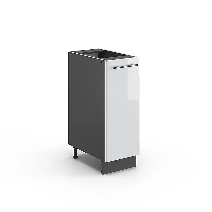 Vicco Schrankküche Fame-Line Weiß Hochglanz ohne Arbeitsplatte - Weiß Hochglanz, Apothekerunterschrank 30 cm - Dunkelgrauer Küchenunterschrank mit glänzender weißer Front und silbernem Griff, auf verstellbaren Füßen.