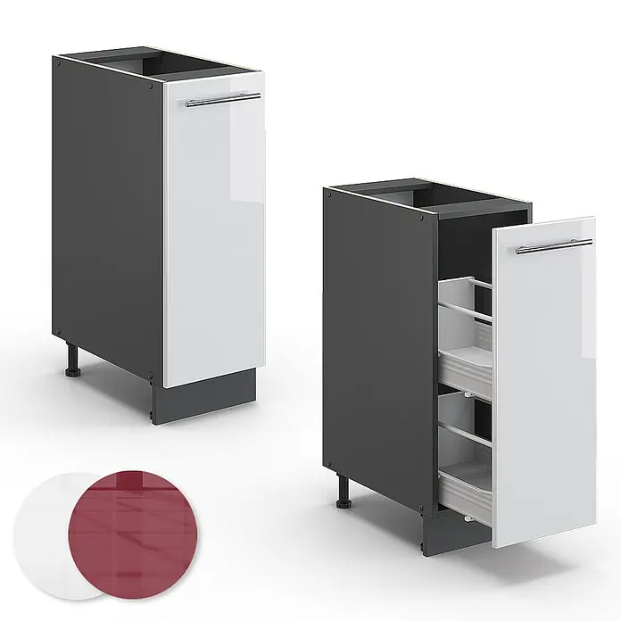 Vicco Schrankküche Fame-Line Weiß Hochglanz ohne Arbeitsplatte - Weiß Hochglanz, Apothekerunterschrank 30 cm - Schmaler, dunkelgrauer Küchenunterschrank mit glänzend weißem Auszug und Inneneinteilung. Inkl. weißer und roter Farbmuster.