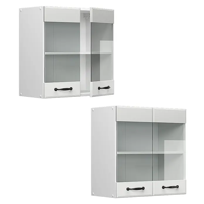 Vicco Schrankküche R-Line Weiß Landhaus - Weiß Landhaus, Hängeglasschrank 60 cm - Zwei weiße Küchenwandschränke, einer mit offenen Glastüren, der andere geschlossen, mit Regalböden und schwarzen Griffen.