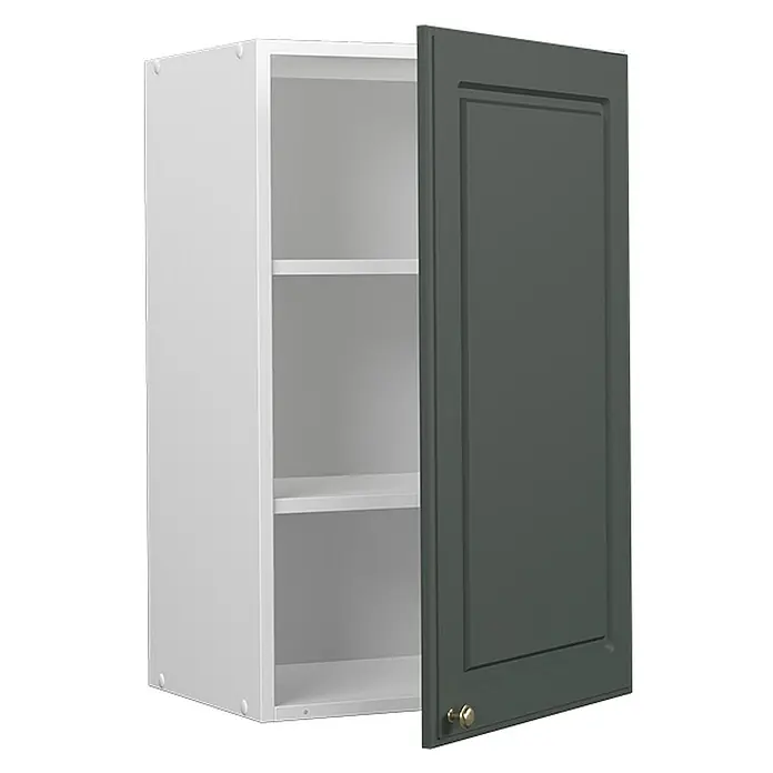 Vicco Schrankküche Fame-Line Grün-Gold Landhaus - Grün-Gold Landhaus, Hängeschrank 45 cm - Weißer Küchenhängeschrank mit zwei Einlegeböden und einer offenen dunkelgrünen Kassettenfront mit goldenem Knauf.