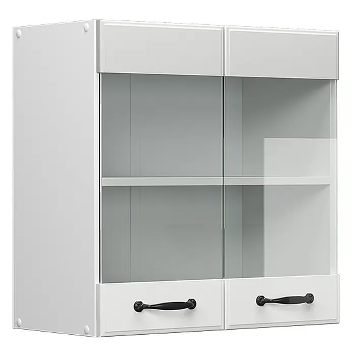 Vicco Schrankküche R-Line Weiß Landhaus - Weiß Landhaus, Hängeglasschrank 60 cm - Weißer Wandschrank mit zwei Glastüren, Einlegeböden und zwei kleinen weißen Schubladen mit schwarzen Griffen.