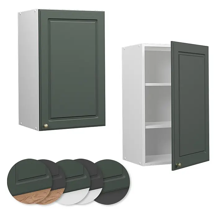 Vicco Schrankküche Fame-Line Grün-Gold Landhaus - Grün-Gold Landhaus, Hängeschrank 45 cm - Zwei dunkelgrüne Küchenhängeschränke, einer geschlossen, einer offen mit weißen Regalböden. Farb- und Materialmuster für Türen und Seitenwände.