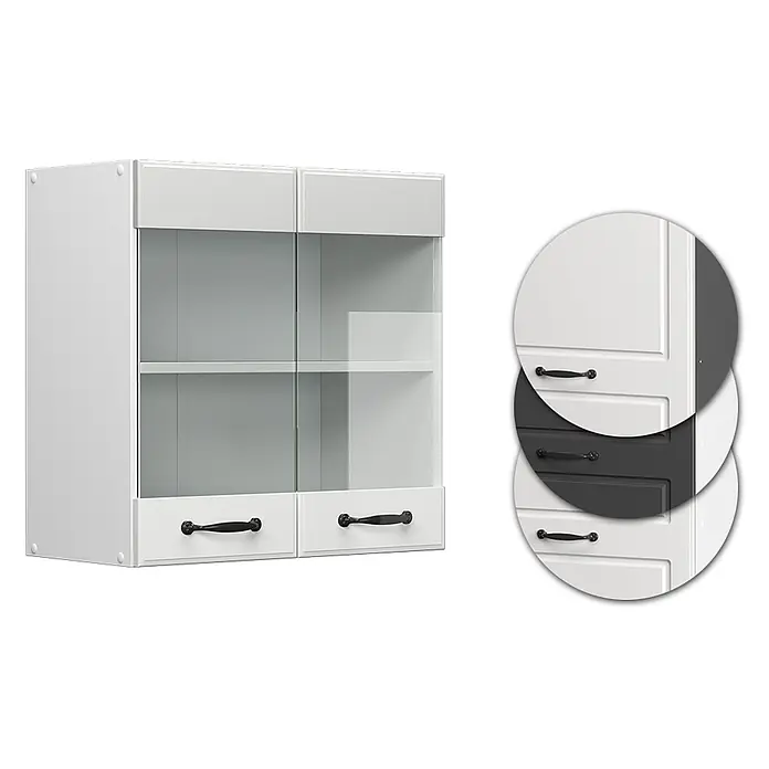 Vicco Schrankküche R-Line Weiß Landhaus - Weiß Landhaus, Hängeglasschrank 60 cm - Weißer Küchen-Hängeschrank mit Glastüren, zwei Einlegeböden und zwei Schubladen mit schwarzen Griffen. Auch in Dunkelgrau erhältlich.