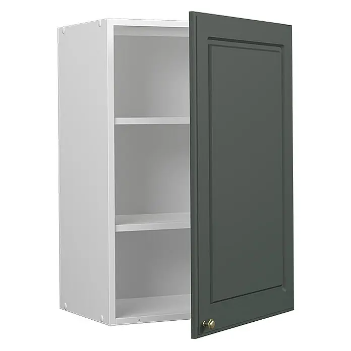 Vicco Schrankküche Fame-Line Grün-Gold Landhaus - Grün-Gold Landhaus, Hängeschrank 50 cm - Weißer Wandschrank mit Einlegeböden und dunkelgrüner Tür mit vertiefter Platte und Messingknopf, leicht geöffnet.