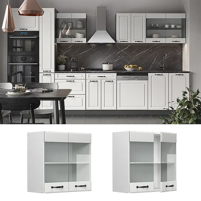 Vicco Schrankküche R-Line Weiß Landhaus - Weiß Landhaus, Hängeglasschrank 60 cm - Weißer Küchenwandschrank mit Glastüren, zwei unteren Schubladen und schwarzen Griffen.