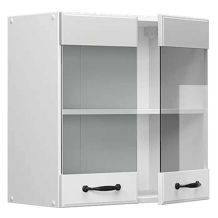 Vicco Schrankküche R-Line Weiß Landhaus - Weiß Landhaus, Hängeglasschrank 60 cm - Weißer Wandschrank mit zwei Türen, jeweils mit Glaseinsatz und schwarzen Griffen. Mit einem Einlegeboden.