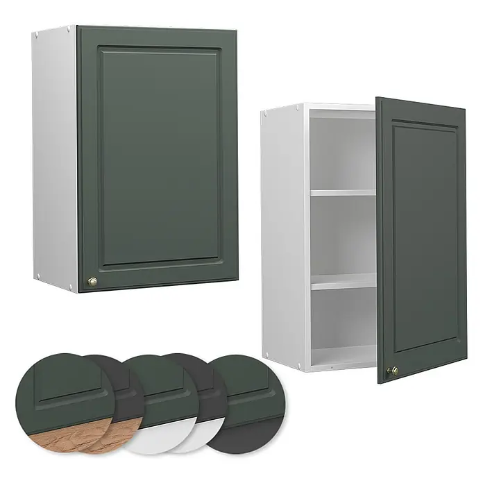 Vicco Schrankküche Fame-Line Grün-Gold Landhaus - Grün-Gold Landhaus, Hängeschrank 50 cm - Zwei Hängeschränke: einer geschlossen, einer offen mit Regalen. Beide haben dunkelgrüne Kassettentüren mit goldenen Knöpfen und weiße Korpusse.