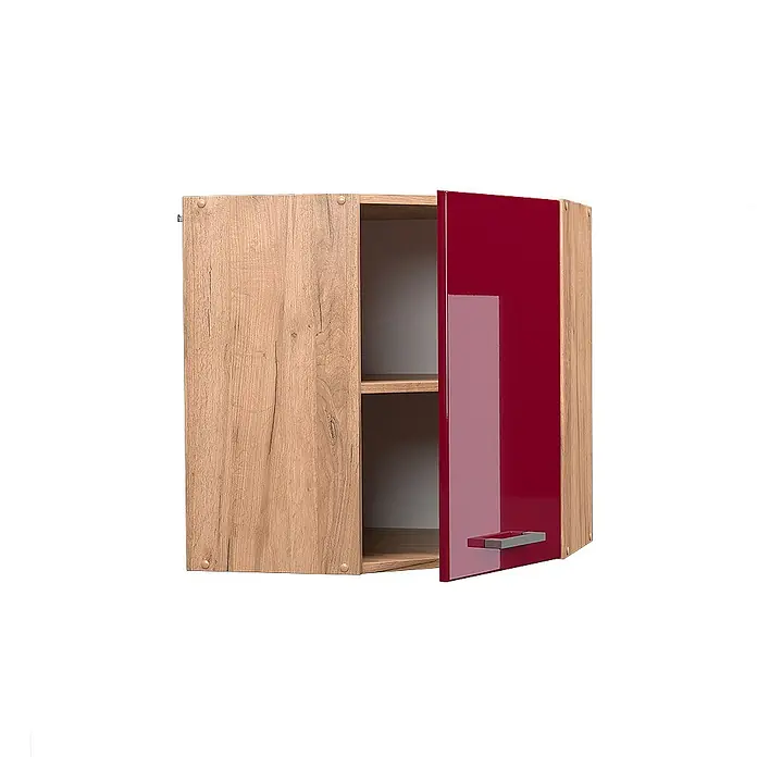 Vicco Schrankküche R-Line Rot Hochglanz - Breite: 57 cm, Rot Hochglanz, Eckhängeschrank 57 cm - Hängeschrank mit hellem Holzdekor und glänzender roter Tür, die leicht geöffnet ist und zwei Innenböden zeigt.