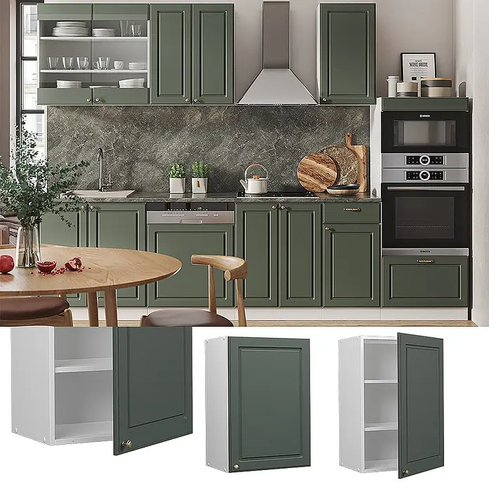 Vicco Schrankküche Fame-Line Grün-Gold Landhaus - Grün-Gold Landhaus, Hängeschrank 50 cm - Dunkelgrüne Paneel-Küchenschränke für stilvolle Aufbewahrung.