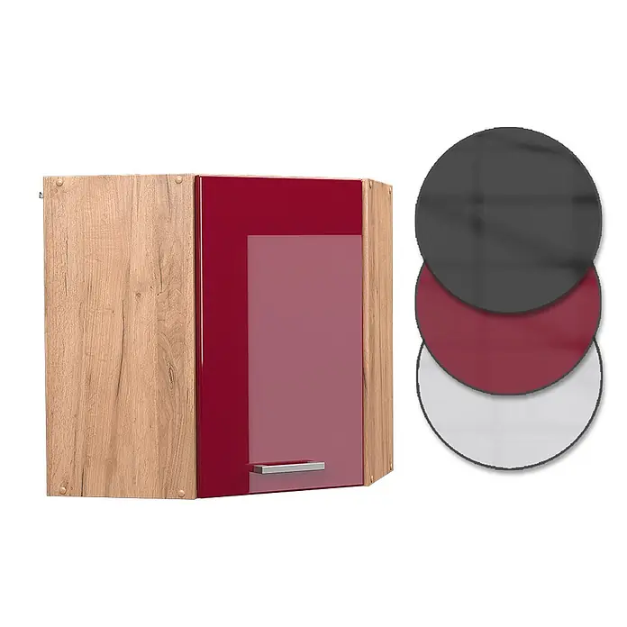 Vicco Schrankküche R-Line Rot Hochglanz - Breite: 57 cm, Rot Hochglanz, Eckhängeschrank 57 cm - Eck-Hängeschrank mit hellem Holzdekor, hochglänzender roter Tür und Farboptionen: Dunkelgrau, Rot, Weiß.