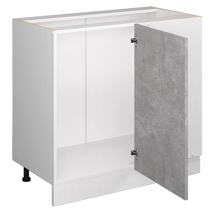Vicco Schrankküche R-Line Beton, AP Anthrazit - Beton, Eckunterschrank 86 cm, AP Anthrazit - Weißer Küchenunterschrank mit offener, grauer Tür in Betonoptik und schwarzen verstellbaren Füßen.