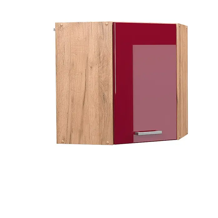 Vicco Schrankküche R-Line Rot Hochglanz - Breite: 57 cm, Rot Hochglanz, Eckhängeschrank 57 cm - Eck-Hängeschrank mit hellem Holzrahmen und hochglanzroter Tür mit silbernem Griff.