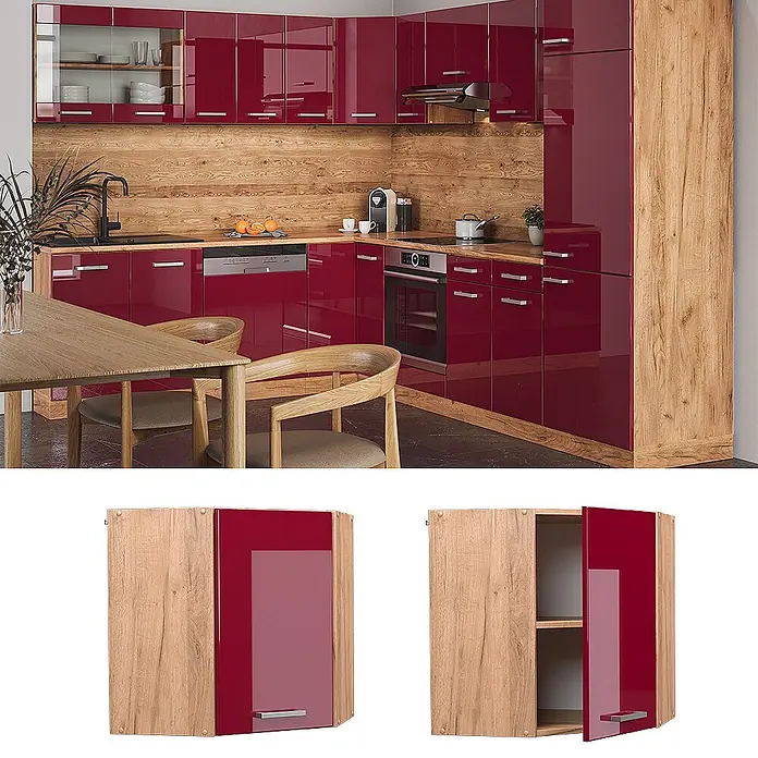 Vicco Schrankküche R-Line Rot Hochglanz - Breite: 57 cm, Rot Hochglanz, Eckhängeschrank 57 cm - Eck-Hängeschrank in Hochglanzrot und Holzoptik in einer modernen Küche, geschlossen und geöffnet dargestellt.