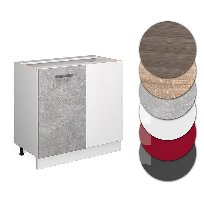 Vicco Schrankküche R-Line Beton, AP Anthrazit - Beton, Eckunterschrank 86 cm, AP Anthrazit - Weißer Küchenunterschrank mit Türen in Beton-Optik und Weiß, dazu verschiedene Material- und Farbmuster.