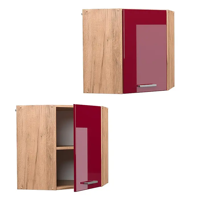 Vicco Schrankküche R-Line Rot Hochglanz - Breite: 57 cm, Rot Hochglanz, Eckhängeschrank 57 cm - Zwei Hängeschränke: einer geschlossen, einer offen mit Regalen, mit Holzoptik-Seiten und glänzend roten Türen.