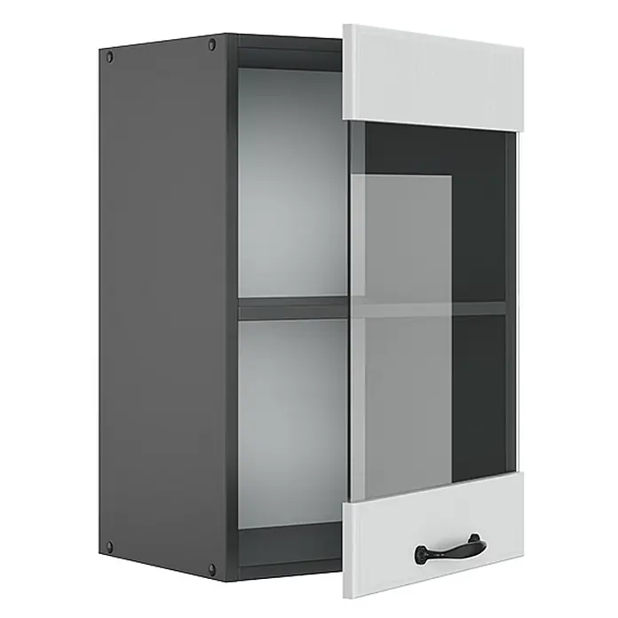Vicco Schrankküche R-Line Weiß Landhaus - Weiß Landhaus, Hängeglasschrank 40 cm - Dunkelgrauer Wandschrank mit weißer Glas-Schiebetür, schwarzem Griff und sichtbaren Innenfächern.