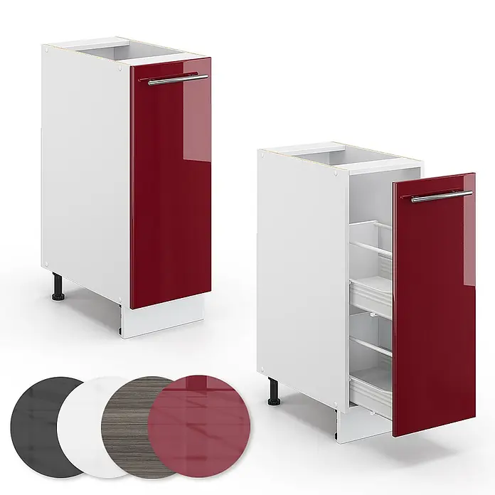 Vicco Schrankküche Fame-Line Bordeaux Hochglanz, AP Eiche - Bordeaux Hochglanz, Apothekerunterschrank 30 cm, AP Eiche - Weißer Unterschrank mit glänzender dunkelroter Front, geschlossen und offen dargestellt.