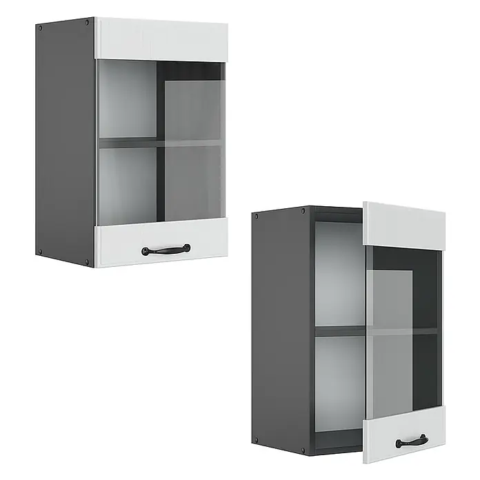 Vicco Schrankküche R-Line Weiß Landhaus - Weiß Landhaus, Hängeglasschrank 40 cm - Grauer und weißer Hängeschrank mit transparenter Glastür und schwarzem Griff, geschlossen und offen gezeigt.