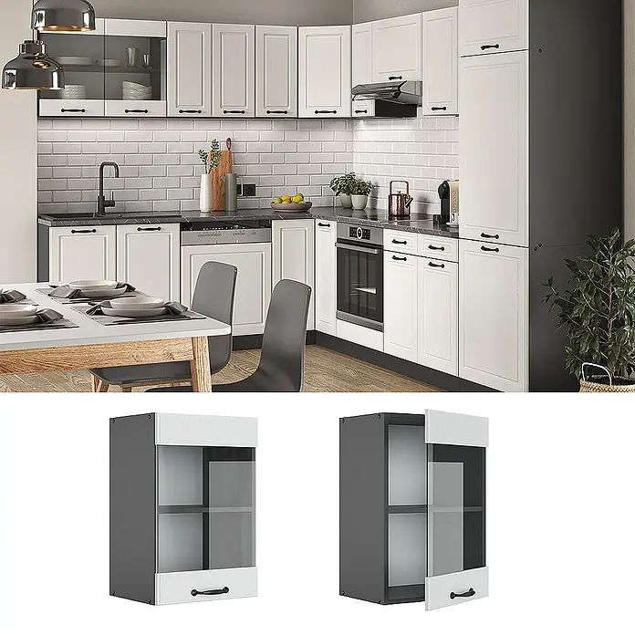 Vicco Schrankküche R-Line Weiß Landhaus - Weiß Landhaus, Hängeglasschrank 40 cm - Zweifarbiger Küchenhängeschrank: dunkelgrauer Korpus, weiße Ober-/Unterseite, Glastür, schwarzer Griff. Zur Küchenaufbewahrung.