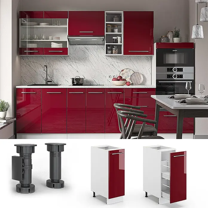 Vicco Schrankküche Fame-Line Bordeaux Hochglanz, AP Eiche - Bordeaux Hochglanz, Apothekerunterschrank 30 cm, AP Eiche - Rote Hochglanz-Küchenschränke in moderner Küche. Verstellbare Schrankbeine und ein Ausziehschrank sind ebenfalls abgebildet.