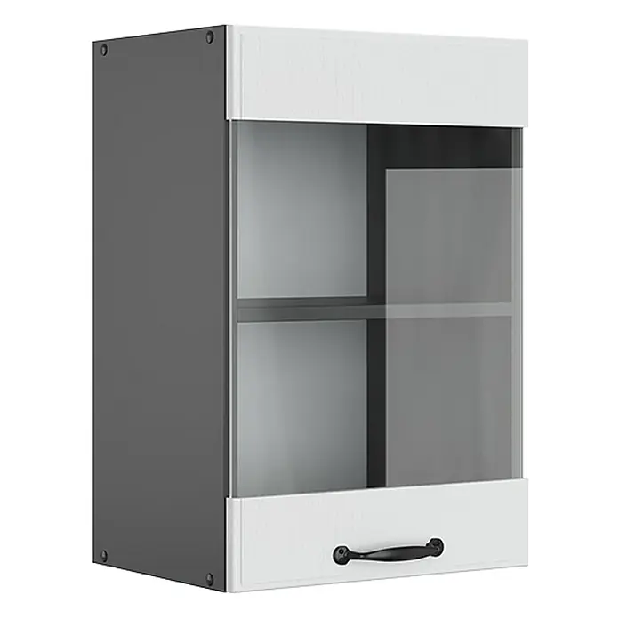 Vicco Schrankküche R-Line Weiß Landhaus - Weiß Landhaus, Hängeglasschrank 40 cm - Hängeschrank mit dunkelgrauen Seiten, weißen Ober- und Unterböden, Glasfront und schwarzem Griff.