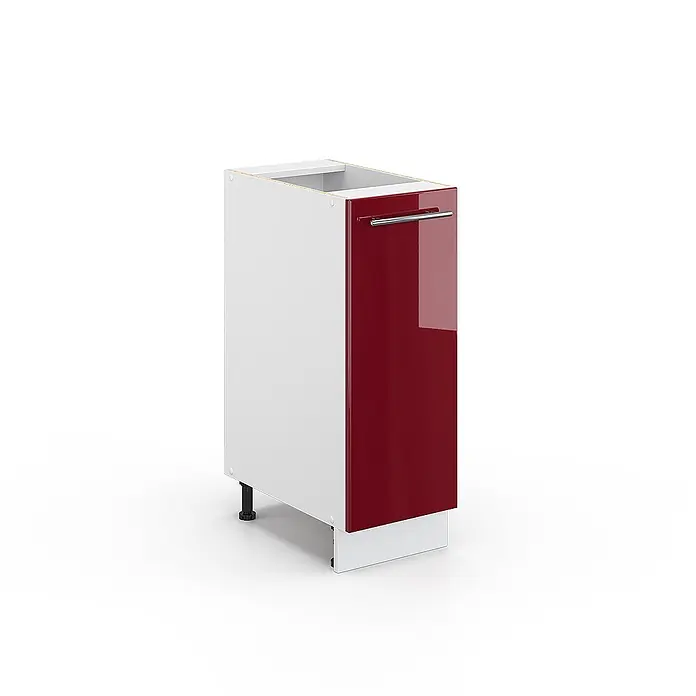 Vicco Schrankküche Fame-Line Bordeaux Hochglanz ohne Arbeitsplatte - Bordeaux Hochglanz, Apothekerunterschrank 30 cm - Weißer Küchenunterschrank mit hochglänzender roter Tür, silbernem Griff und verstellbaren Füßen.