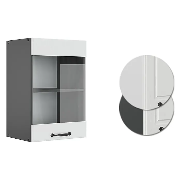 Vicco Schrankküche R-Line Weiß Landhaus - Weiß Landhaus, Hängeglasschrank 40 cm - Zweifarbiger Wandschrank mit dunkelgrauem Korpus, weißen strukturierten Blenden, Glastür und schwarzem Griff.