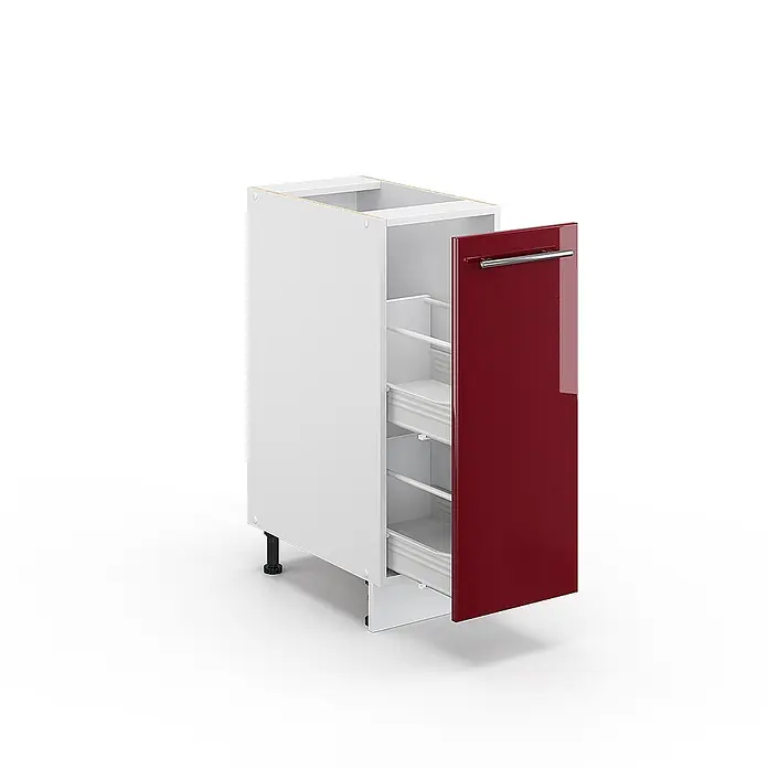 Vicco Schrankküche Fame-Line Bordeaux Hochglanz, AP Eiche - Bordeaux Hochglanz, Apothekerunterschrank 30 cm, AP Eiche - Weißer Küchenunterschrank mit glänzender roter Auszugtür, die mehrere interne Regale und verstellbare Füße zeigt.
