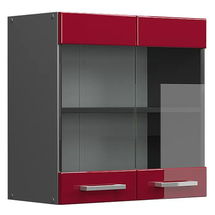 Vicco Schrankküche R-Line Rot Hochglanz - Rot Hochglanz, Hängeglasschrank 60 cm - Rot-grauer Hochglanz-Wandschrank mit Glastüren und zwei Schubladen mit silbernen Griffen.