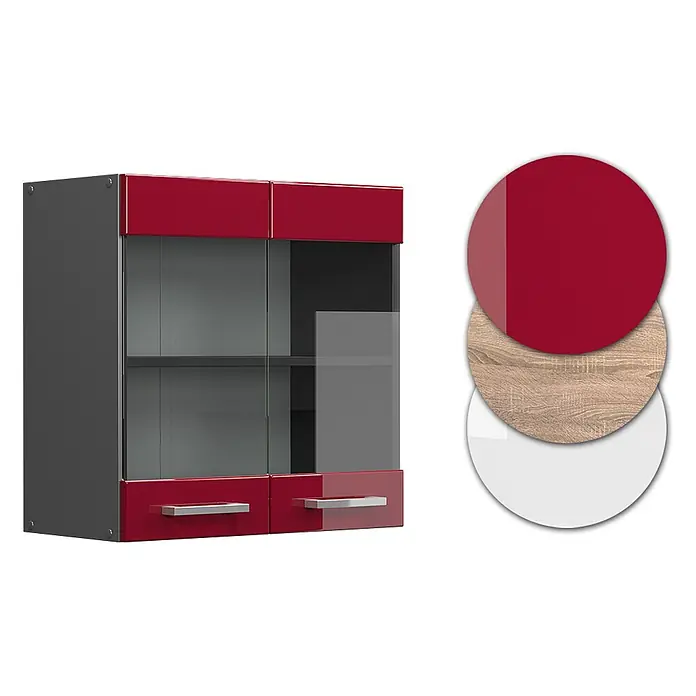 Vicco Schrankküche R-Line Rot Hochglanz - Rot Hochglanz, Hängeglasschrank 60 cm - Roter und grauer Hängeschrank mit Glastüren und Schubladen, dazu rote, Holzmaserungs- und weiße Materialmuster.