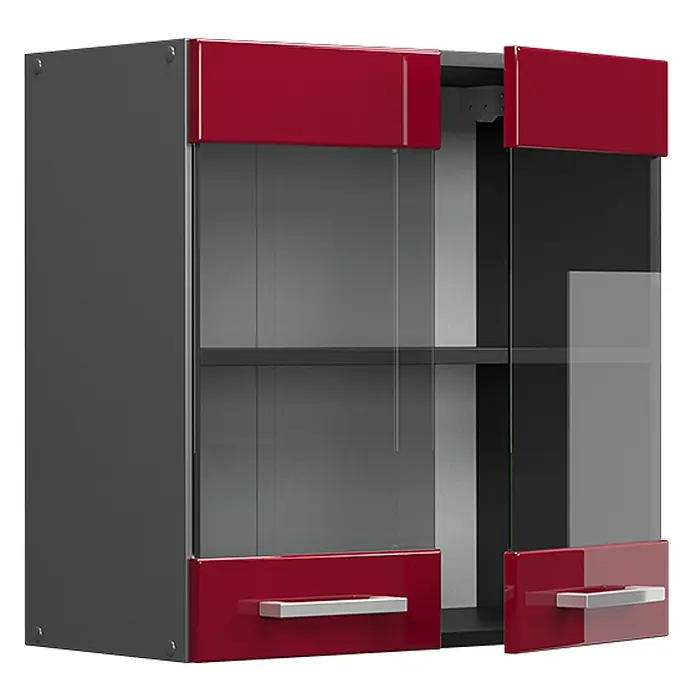 Vicco Schrankküche R-Line Rot Hochglanz - Rot Hochglanz, Hängeglasschrank 60 cm - Grau-roter Glanz-Wandschrank mit Glastüren und silbernen Griffen, eine Tür leicht geöffnet.
