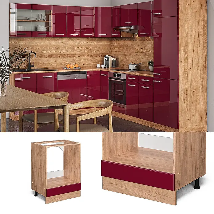 Vicco Schrankküche R-Line Rot Hochglanz ohne Arbeitsplatte - Breite: 60 cm, Rot Hochglanz, Herdumbauschrank 60 cm - Rote Hochglanz-Eckküche mit Holzoptik-Elementen und integrierten Geräten. Ein Unterschrank für einen Ofen ist ebenfalls abgebildet.
