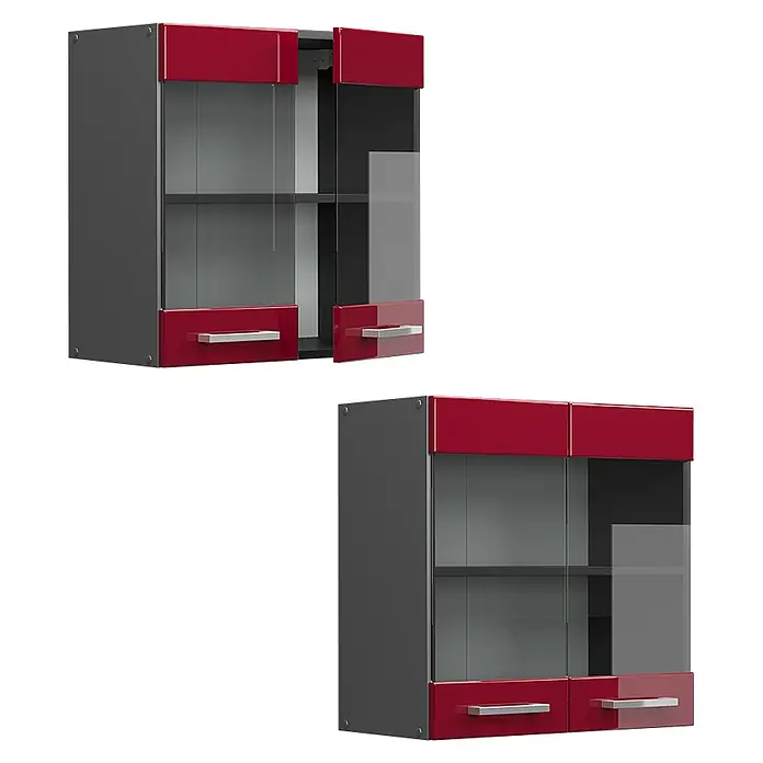 Vicco Schrankküche R-Line Rot Hochglanz - Rot Hochglanz, Hängeglasschrank 60 cm - Zwei dunkelgraue Hängeschränke mit glänzend roten Akzenten, Glastüren und silbernen Griffen. Ein Schrank ist teilweise offen.