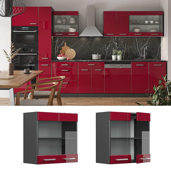 Vicco Schrankküche R-Line Rot Hochglanz - Rot Hochglanz, Hängeglasschrank 60 cm - Moderne hochglanzrote Küchenschränke mit schwarzer Arbeitsplatte und integrierten Geräten für stilvollen Stauraum.