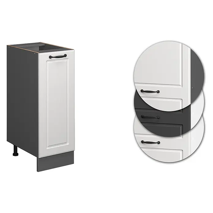 Vicco Schrankküche R-Line Weiß Landhaus ohne Arbeitsplatte - Weiß Landhaus, Apothekerunterschrank 30 cm - Weißer Küchenunterschrank mit Kassettenfront, schwarzem Griff und dunkelgrauem Korpus, erhältlich in Weiß und Dunkelgrau.