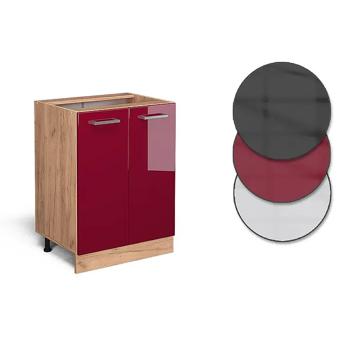 Vicco Schrankküche R-Line Rot Hochglanz ohne Arbeitsplatte - Breite: 60 cm, Rot Hochglanz, Unterschrank 60 cm - Küchenunterschrank mit roten Hochglanztüren und Holzseiten, dazu Farbmuster.
