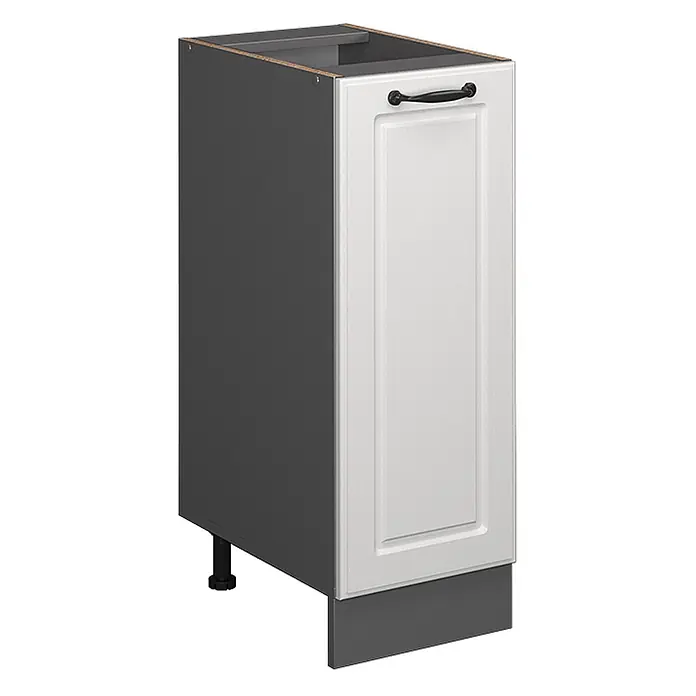 Vicco Schrankküche R-Line Weiß Landhaus ohne Arbeitsplatte - Weiß Landhaus, Apothekerunterschrank 30 cm - Dunkelgrauer Küchenunterschrank mit weißer Kassettentür, schwarzem Griff und passendem dunkelgrauem Sockel.