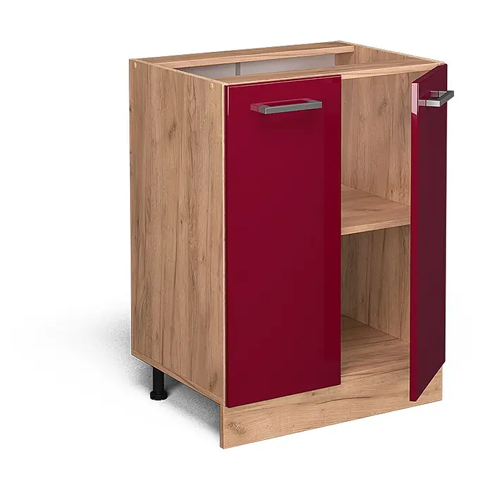Vicco Schrankküche R-Line Rot Hochglanz ohne Arbeitsplatte - Breite: 60 cm, Rot Hochglanz, Unterschrank 60 cm - Sockelunterschrank in Eichenoptik mit zwei glänzend roten Türen, eine offen mit Fachboden, und Metallgriffen.