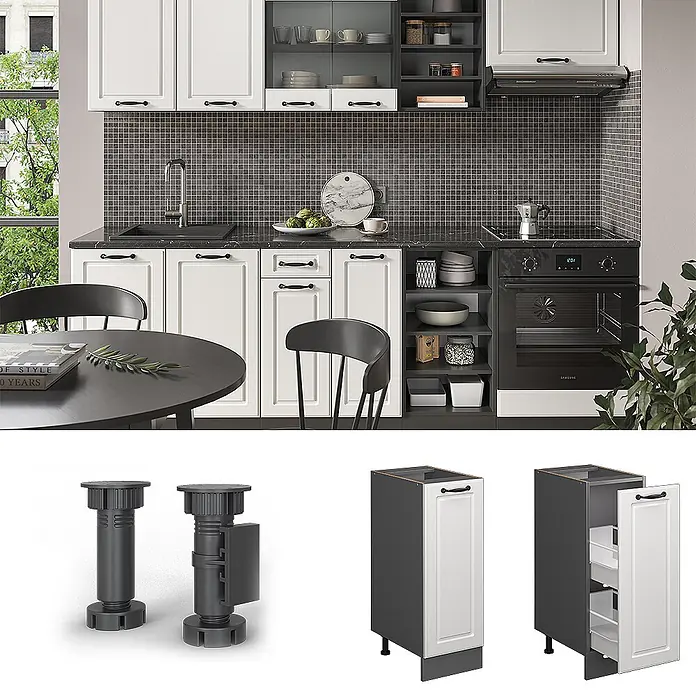 Vicco Schrankküche R-Line Weiß Landhaus, AP Eiche - Weiß Landhaus, Apothekerunterschrank 30 cm, AP Eiche - Verstellbare dunkelgraue Kunststoff-Schrankfüße und ein schmaler weiß/dunkelgrauer Küchenschrank mit Auszügen, ideal für modulare Küchen.