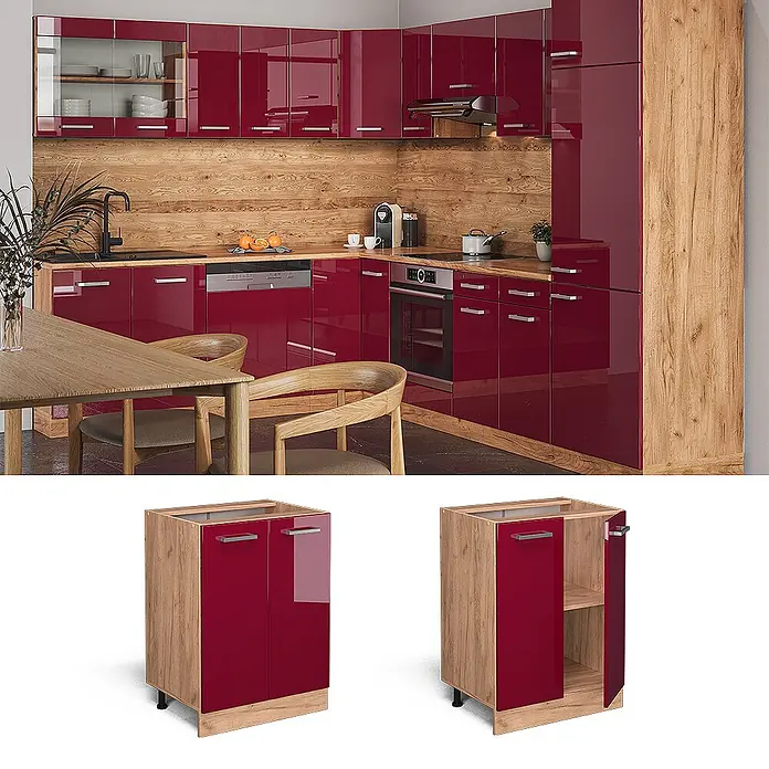 Vicco Schrankküche R-Line Rot Hochglanz ohne Arbeitsplatte - Breite: 60 cm, Rot Hochglanz, Unterschrank 60 cm - Moderne Küche mit glänzenden roten Schränken und Holzpaneelen, Unterbauschränke mit Türen/Regalen, als Küche und Module gezeigt.