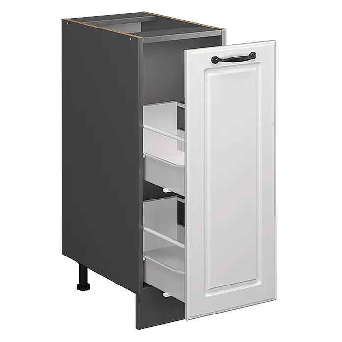 Vicco Schrankküche R-Line Weiß Landhaus ohne Arbeitsplatte - Weiß Landhaus, Apothekerunterschrank 30 cm - Dunkelgrauer Küchenunterschrank mit weißer Tür im Shaker-Stil und drei internen Auszugsschränken, mit schwarzem Griff.