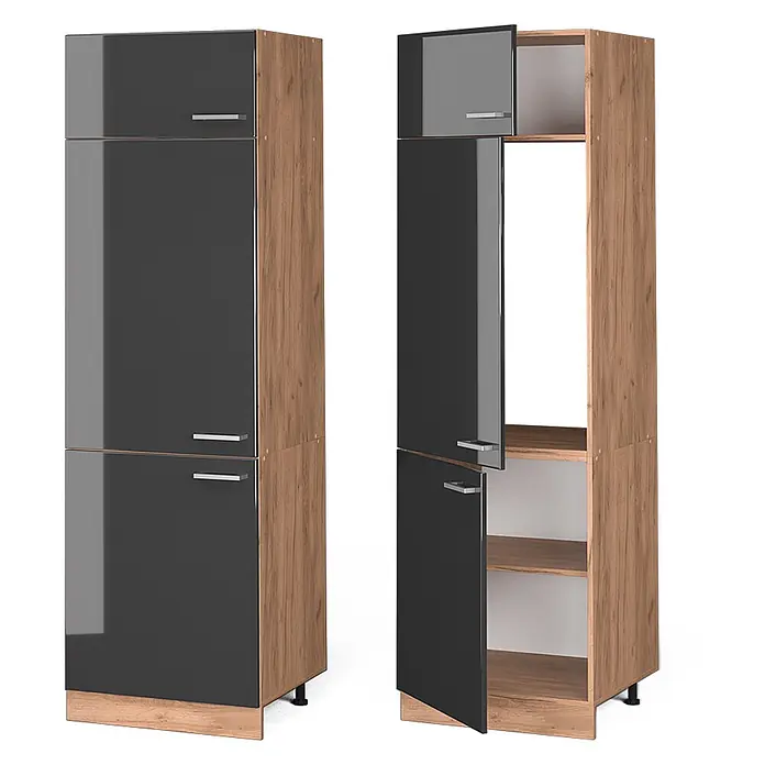 Vicco Schrankküche R-Line Anthrazit Hochglanz - Breite: 60 cm, Anthrazit Hochglanz, Kühlumbauschrank 60 cm - Hoher zweifarbiger Schrank mit dunkelgrau glänzenden Türen und Holzoptikrahmen, geschlossen und geöffnet mit Fächern und Gerätenische.