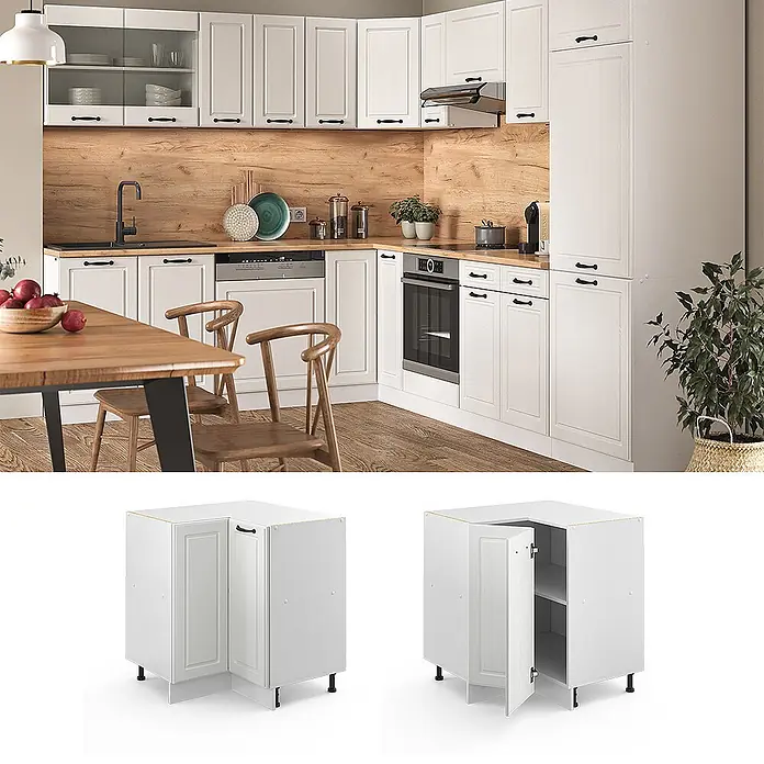 Vicco Schrankküche R-Line Weiß Landhaus, AP Eiche - Weiß Landhaus, Eckunterschrank - Weißer Eckunterschrank für die Küche, geschlossen und offen mit Innenablagen, Teil einer Modulküche.