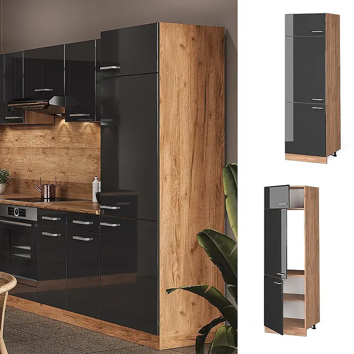 Vicco Schrankküche R-Line Anthrazit Hochglanz - Breite: 60 cm, Anthrazit Hochglanz, Kühlumbauschrank 60 cm - Hoher Küchenschrank in Dunkelgrau Hochglanz und Holzoptik, integriert in eine moderne Küche.