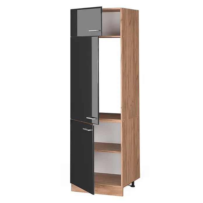 Vicco Schrankküche R-Line Anthrazit Hochglanz - Breite: 60 cm, Anthrazit Hochglanz, Kühlumbauschrank 60 cm - Hoher Schrank mit dunkelgrauen Hochglanztüren und hellen Holzregalen, Türen teilweise geöffnet, Griffe sichtbar.